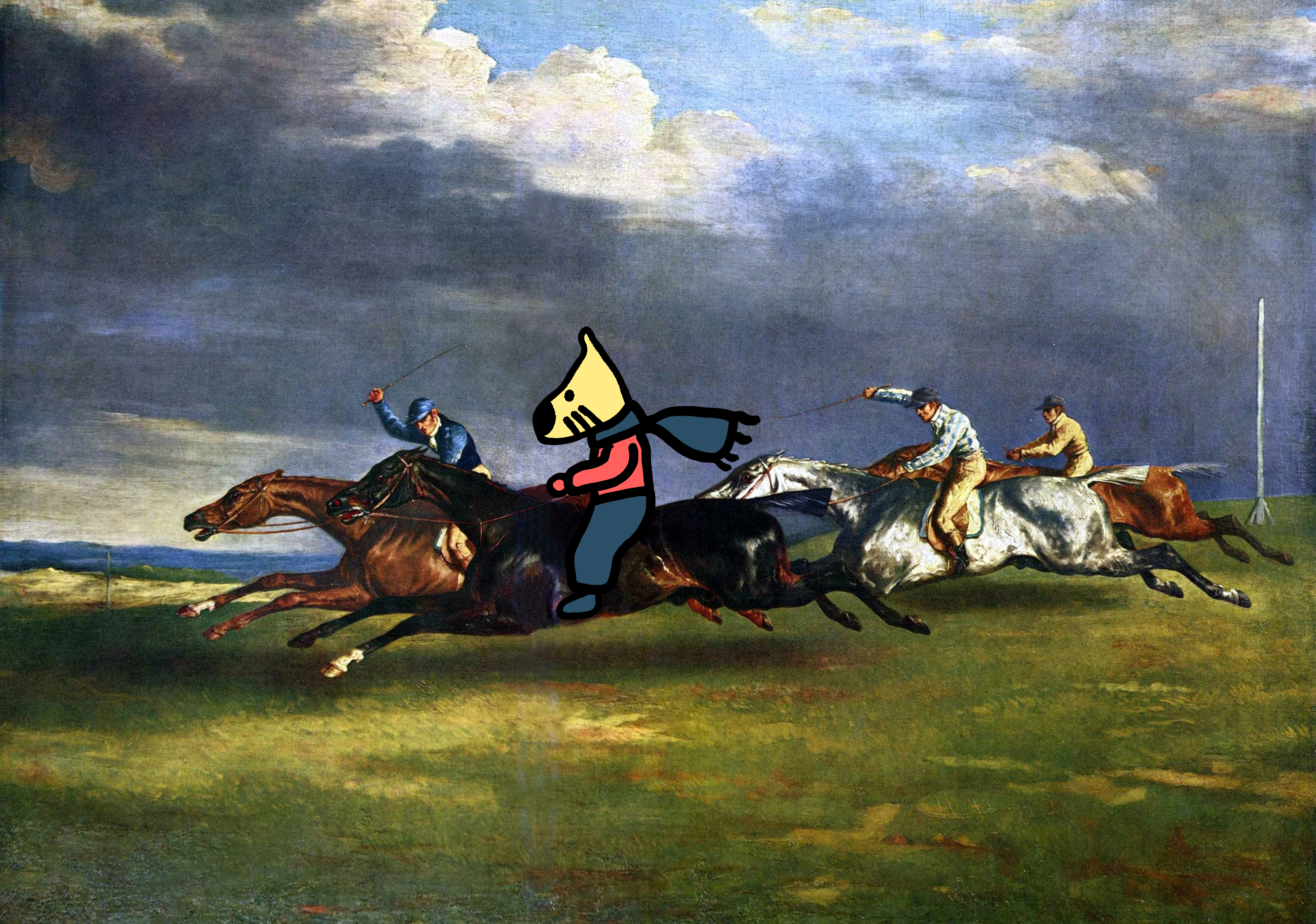 Pintura de óleo mostrando a personas montando a caballo. Canelita está superpuesta en la imagen como si tambien estuviera montando a caballo.